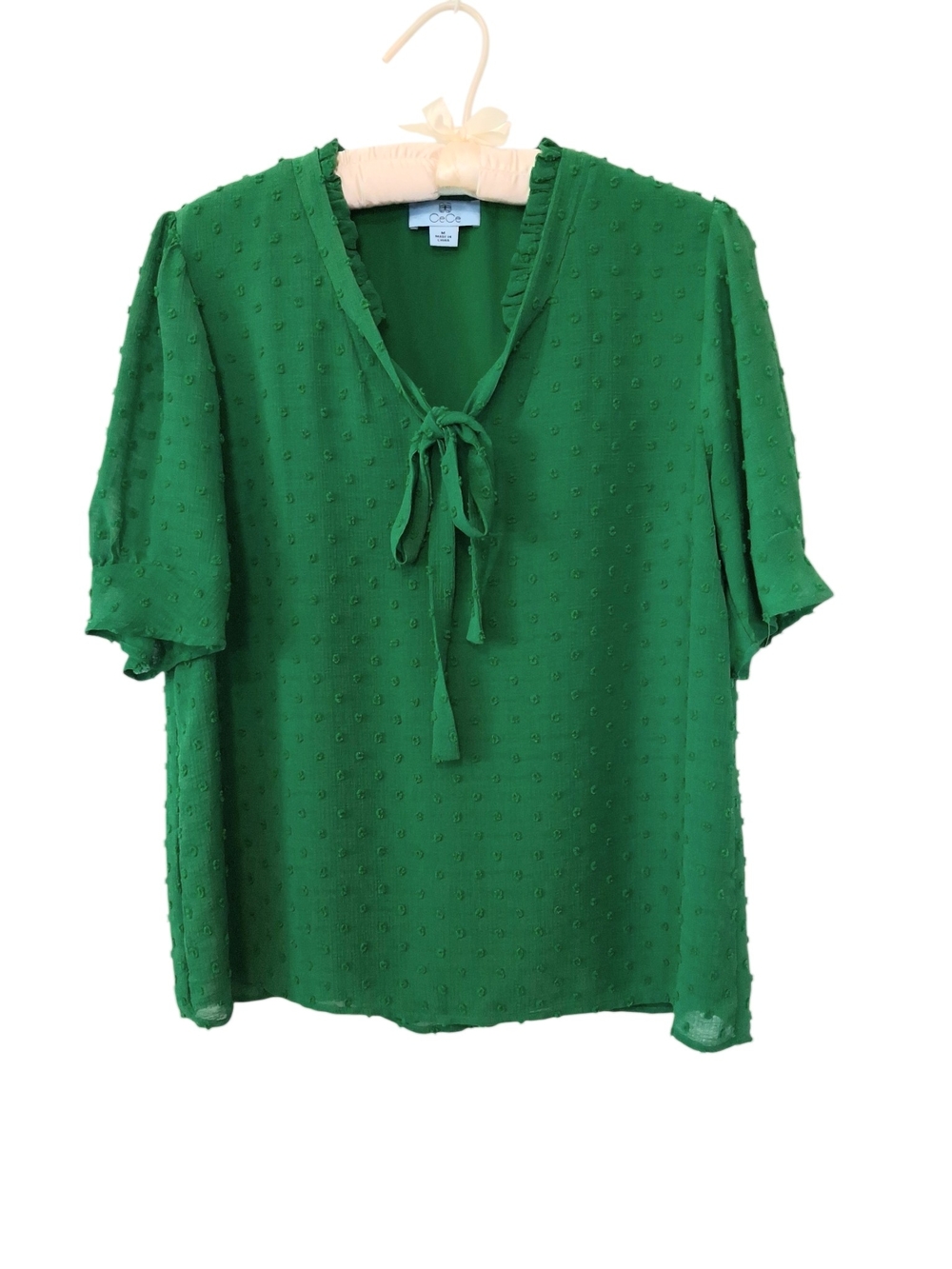 Unknown Brand Green Swiss Dot Tie-Neck Blouse